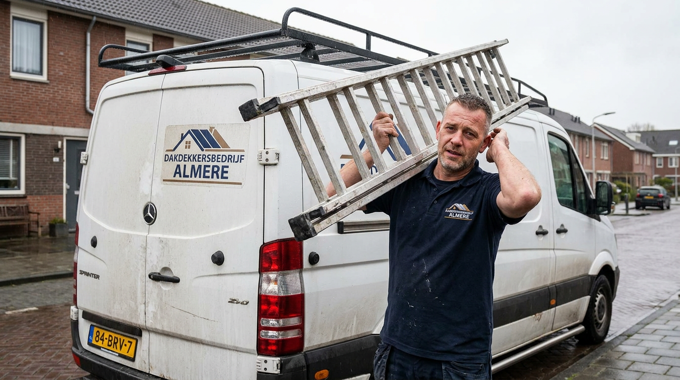 Dakdekker Almere met ladder voor werkzaamheden aan dakgoot en hemelwaterafvoer