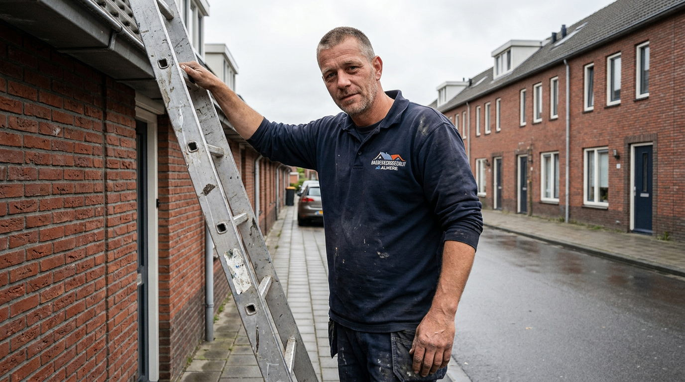 Dakdekker Almere bij een ladder langs de gevel voor spoedreparatie aan het dak