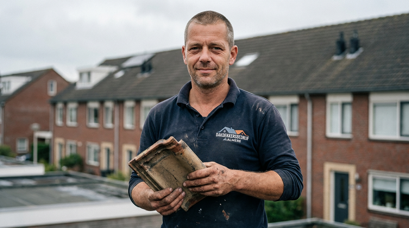 Vakman van Dakdekkersbedrijf Almere met een originele oude dakpan op een dak in Almere