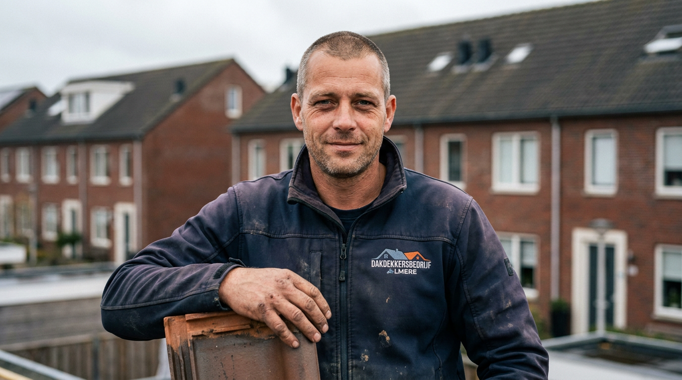 Dakdekker van Dakdekkersbedrijf Almere leunt op een schoorsteen met dakpan in een Almeerse woonwijk